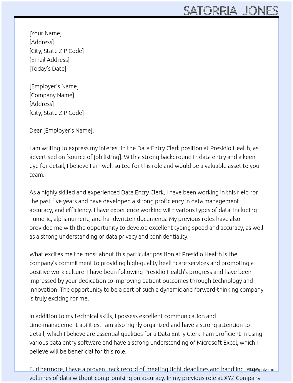 Data Entry Clerk At Presidio Health Cover Letter