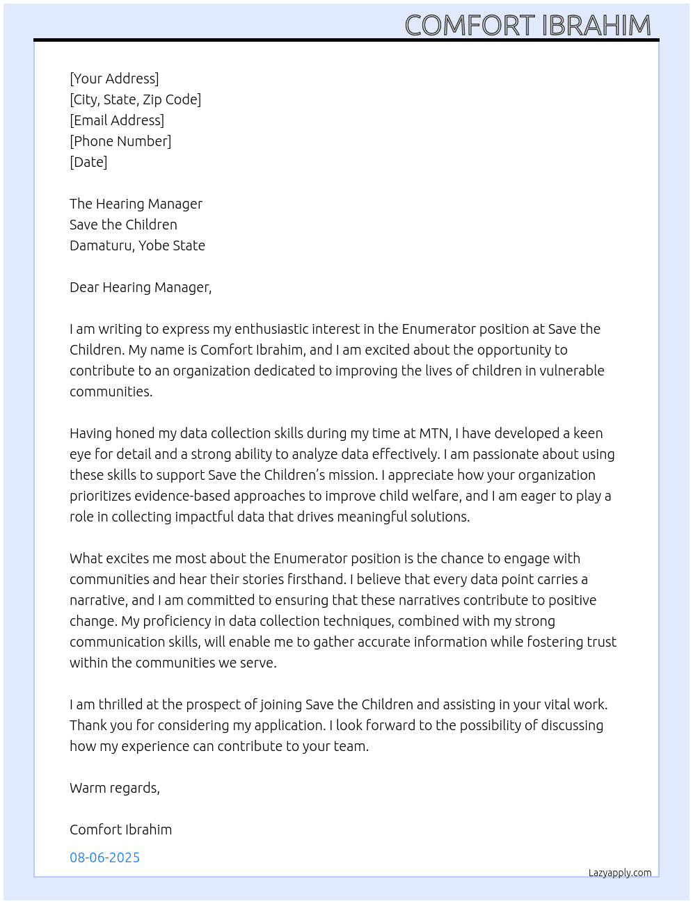 Enumerator  At Save the Children  Cover Letter