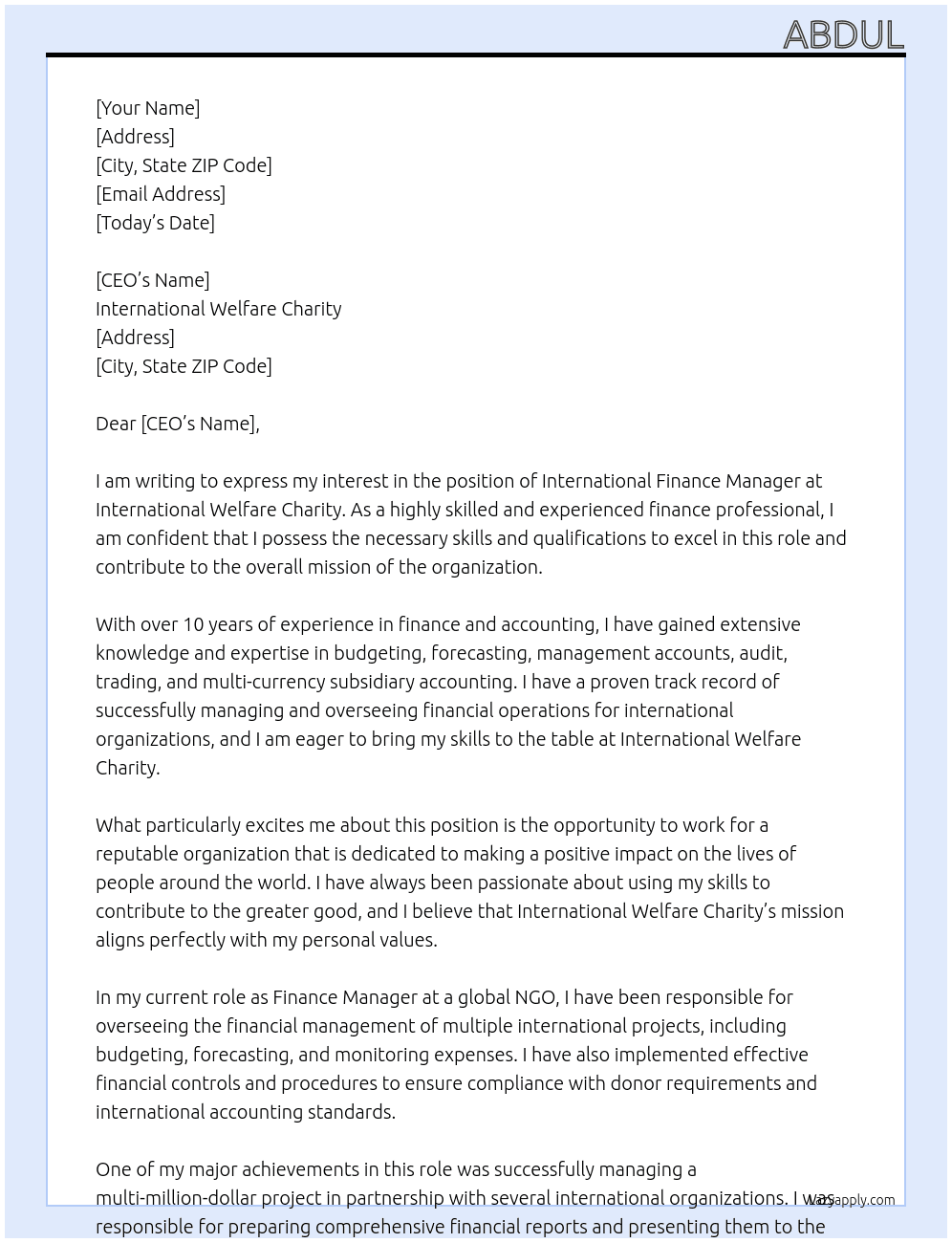 International Finance Manager At International Welfare Charity Cover Letter