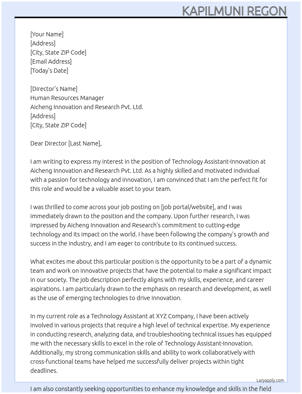 Technology Assistant-Innovation At Aicheng Innovation and Research Pvt. Ltd. Cover Letter