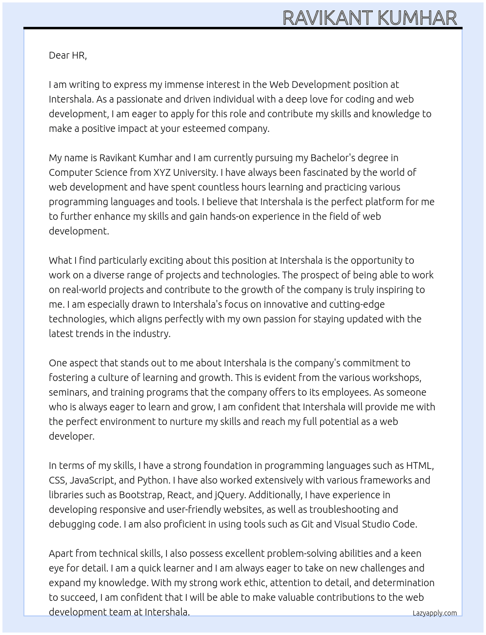 Web Development  At Intershala Cover Letter