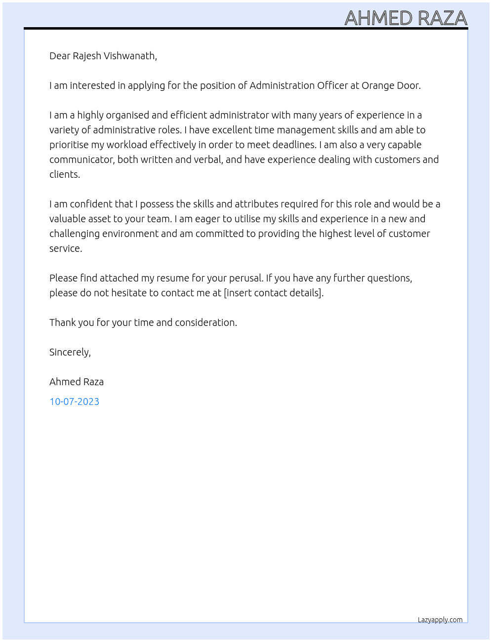 ADMINISTRATION OFFICER At Orange Door Cover Letter