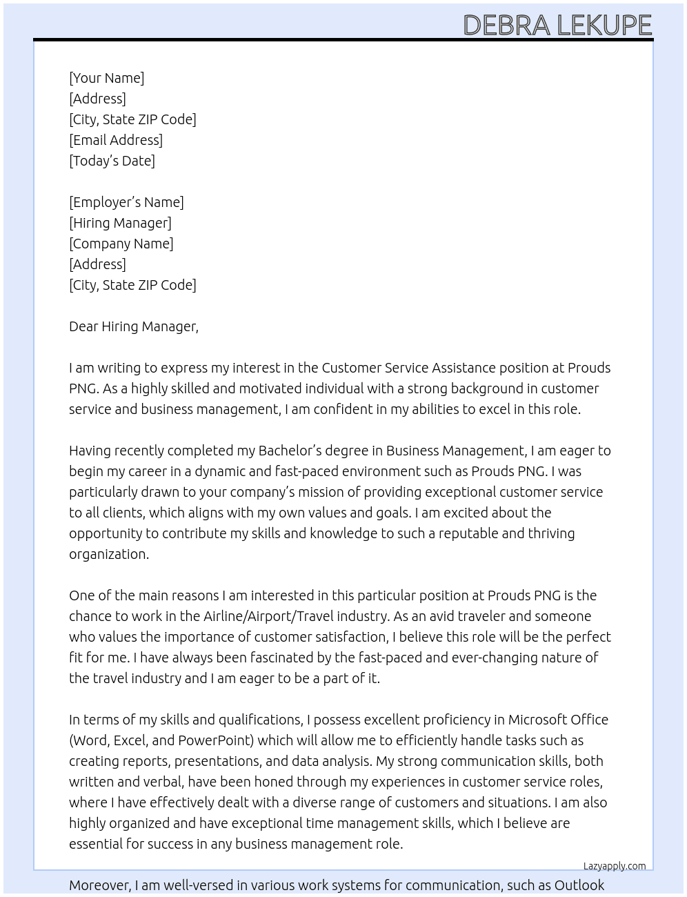 Customer Service Assistance At Prouds PNG Cover Letter
