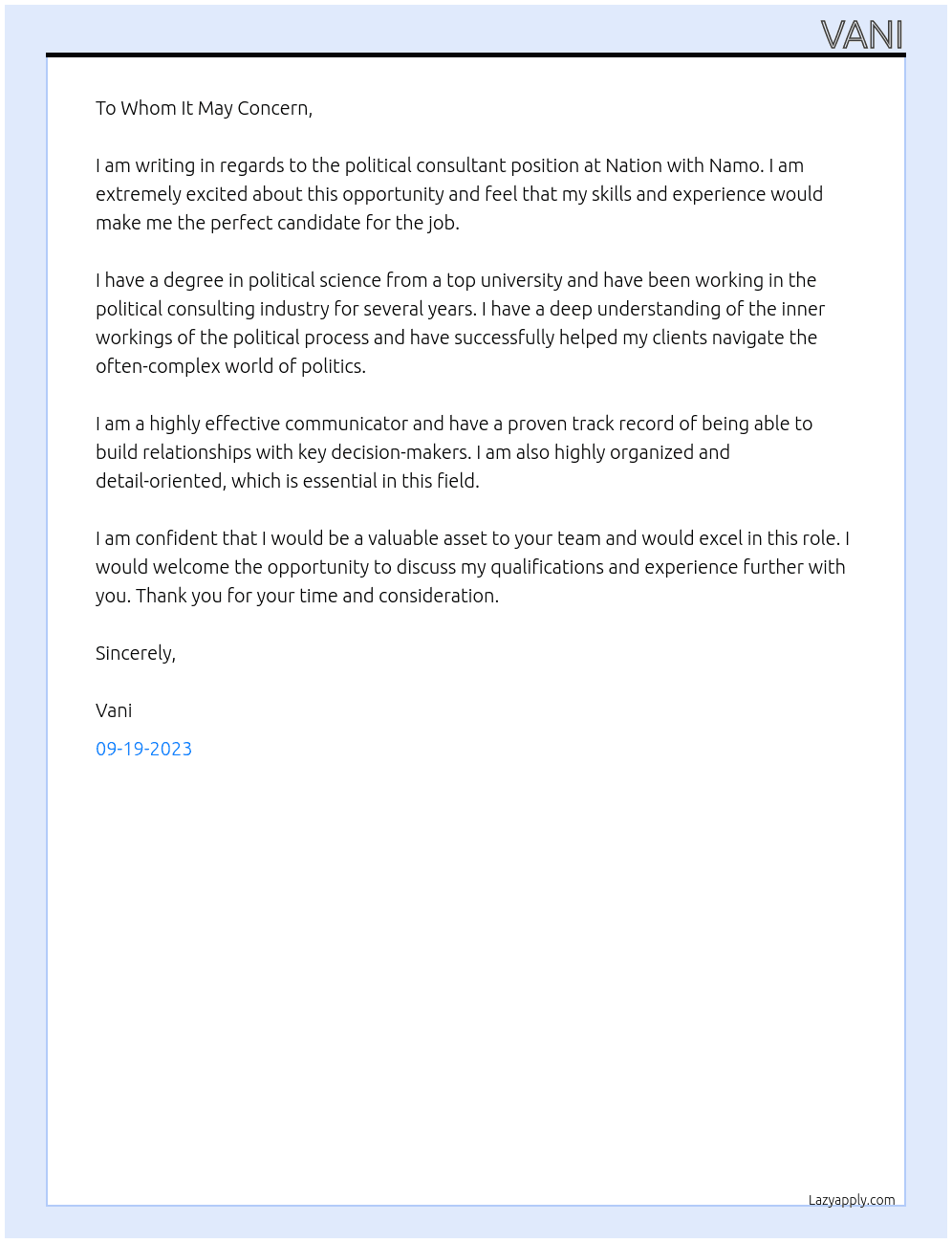 political consultant At Nation with Namo Cover Letter
