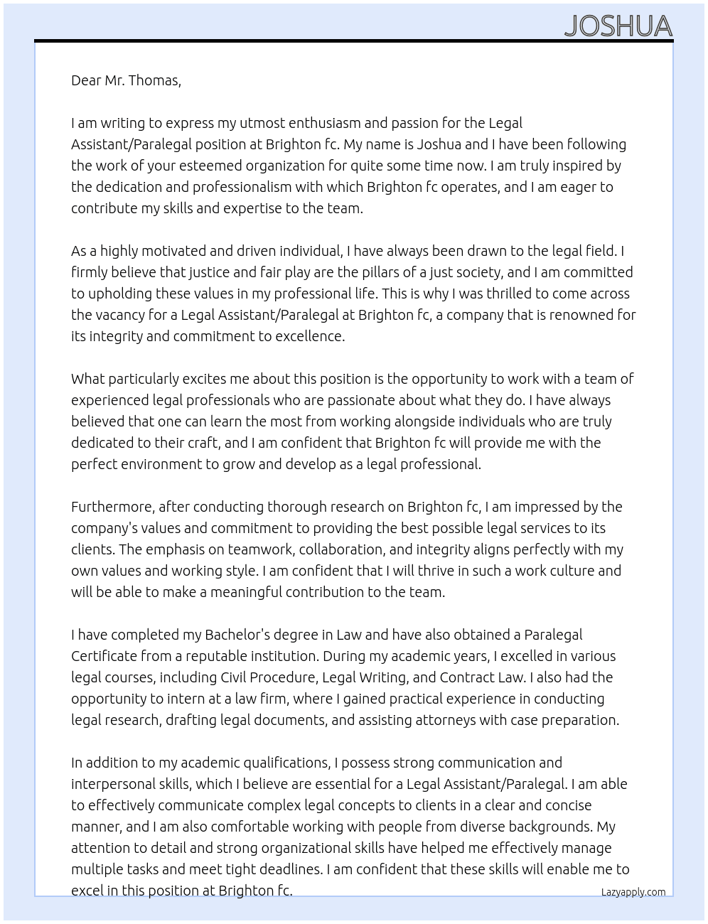 Legal assistant/paralegal  At Brighton fc Cover Letter
