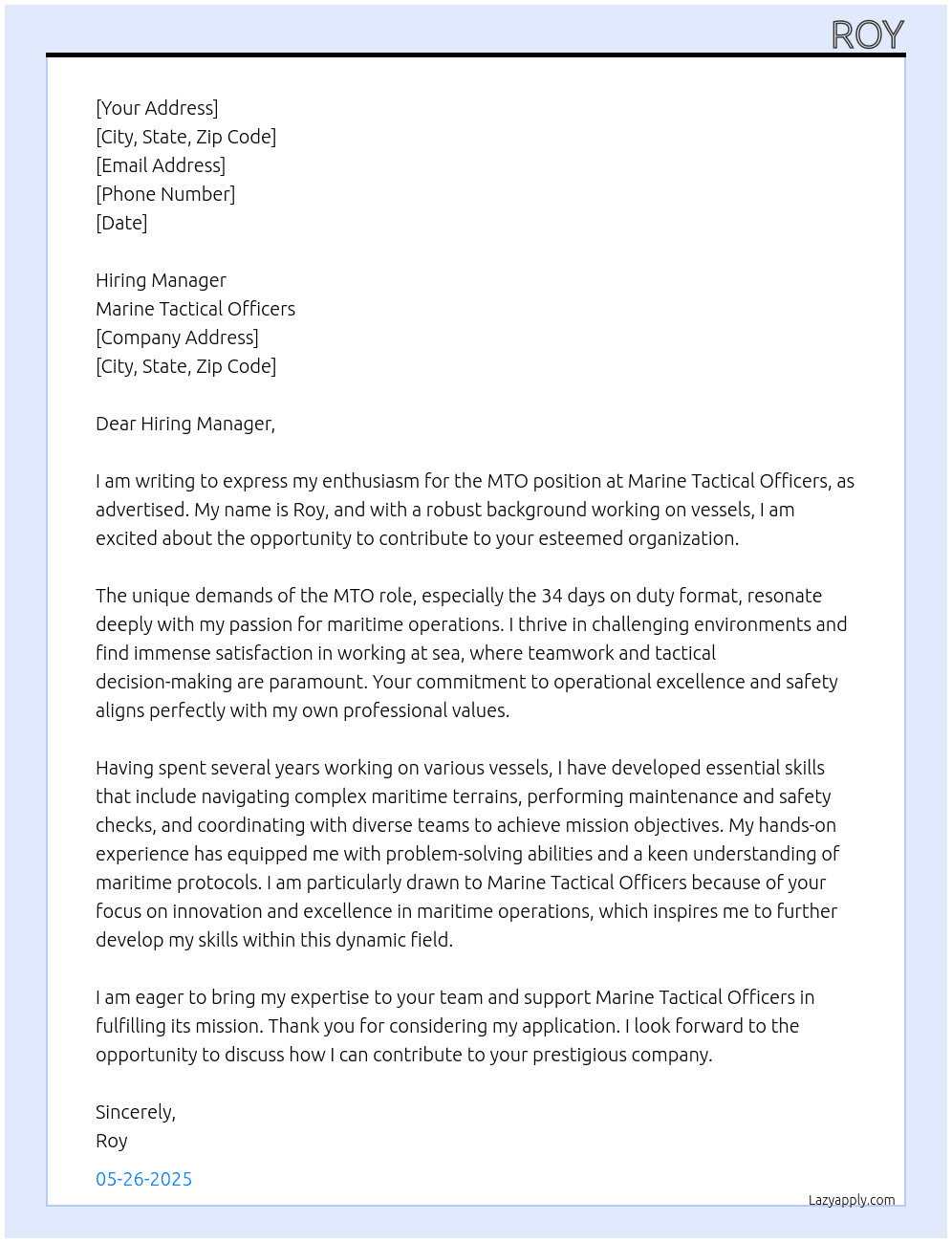 MTO At Marine tactical officers  Cover Letter