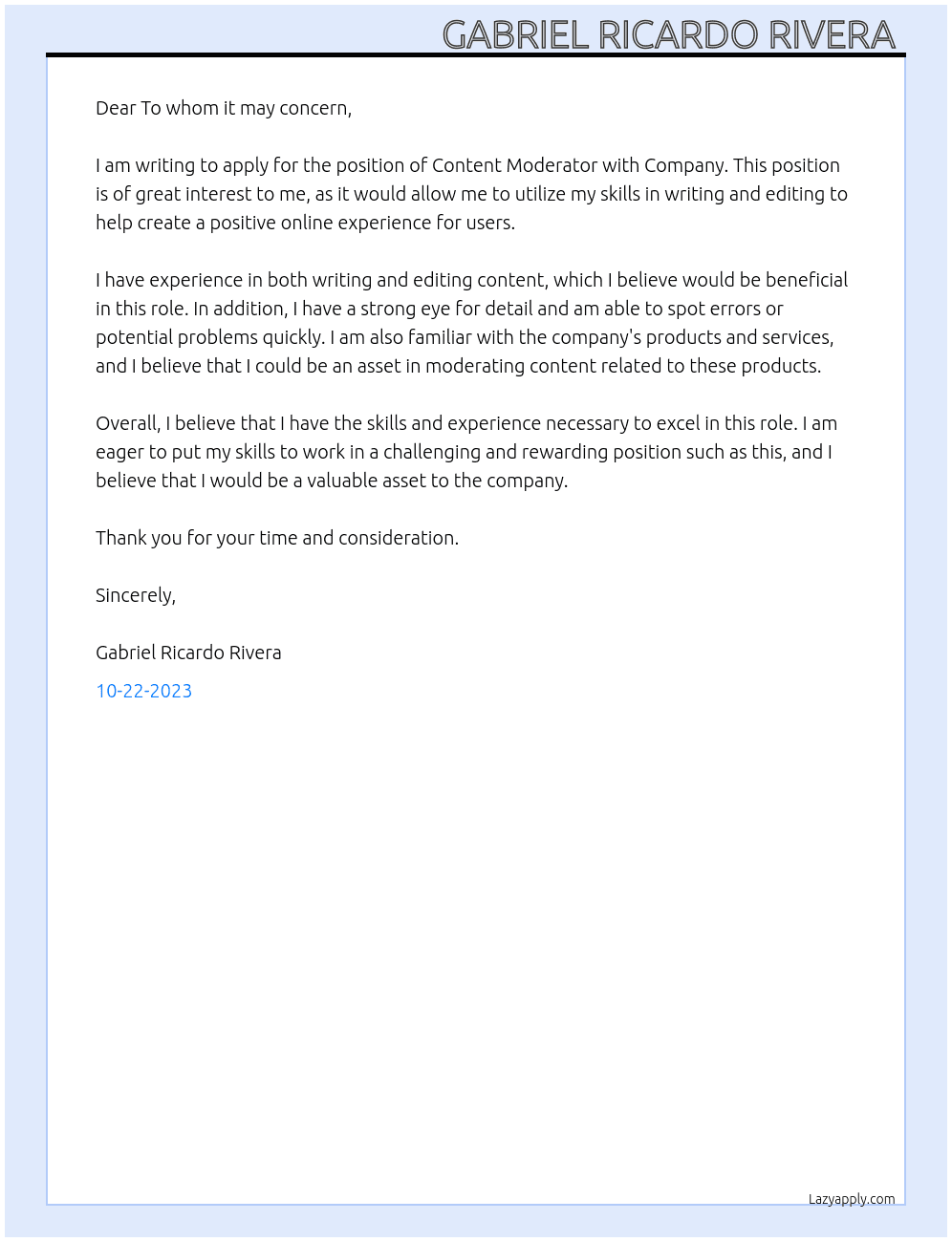 Content moderator  At Company Cover Letter