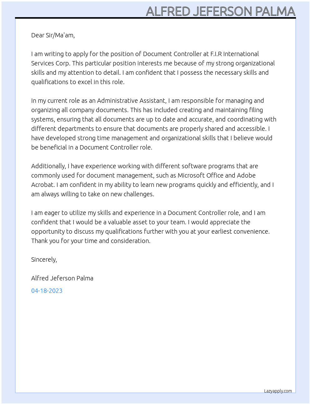 Document Controller At F.I.R International Services Corp. Cover Letter