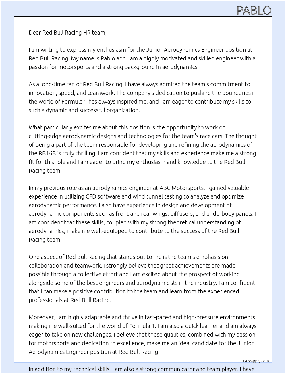 Junior Aerodynamics Engineer At Red Bull Racing Cover Letter