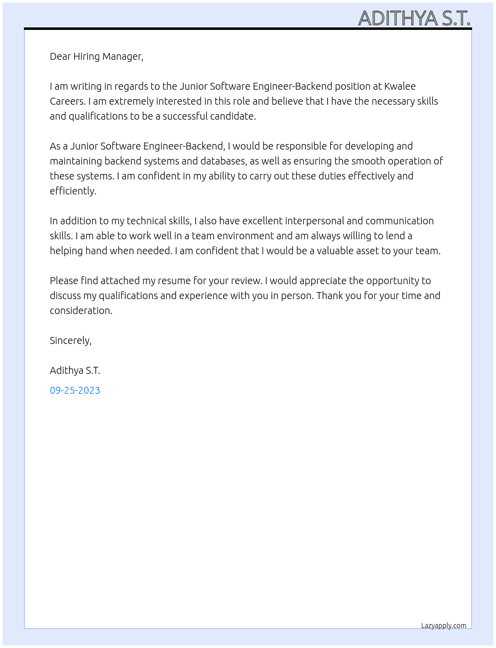 Junior Software Engineer-Backend At Kwalee Careers Cover Letter