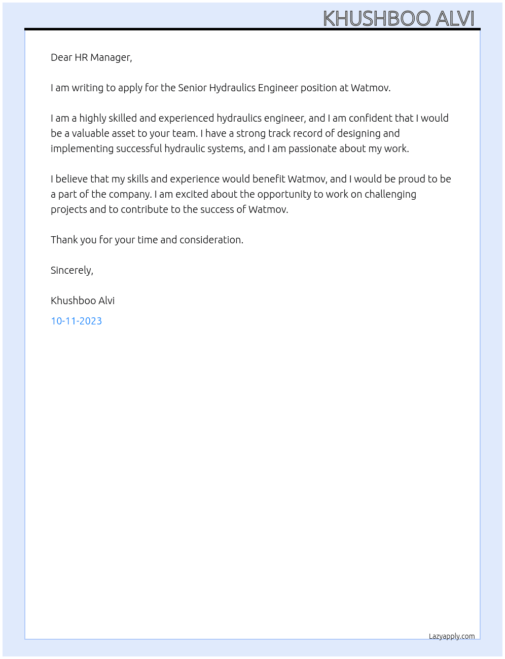 Senior Hydraulics Engineer At Watmov  Cover Letter