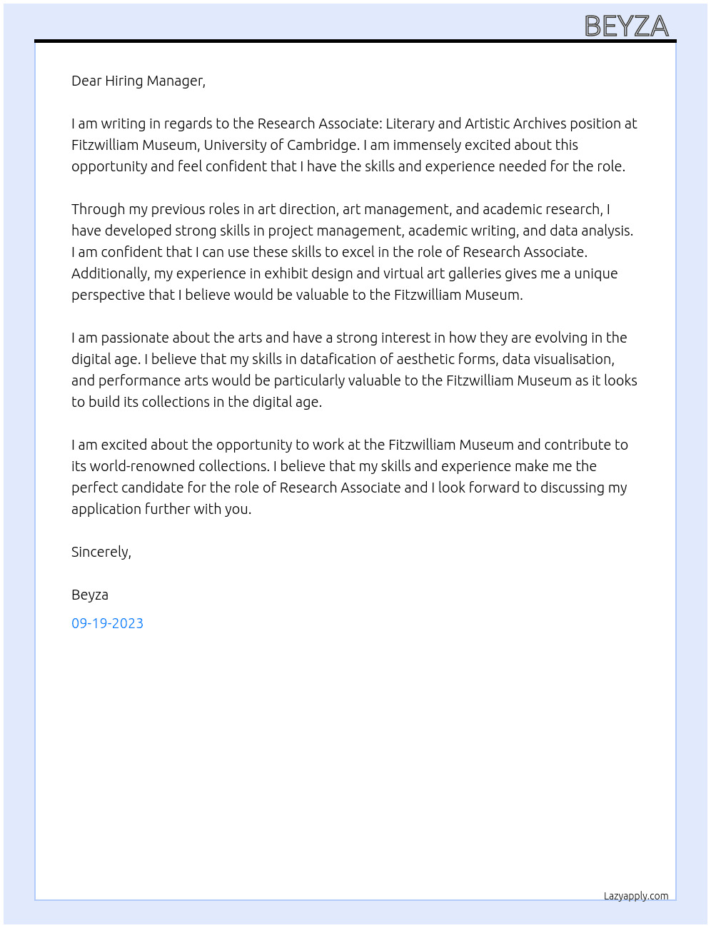 Research Associate: Literary and Artistic Archives At Fitzwilliam Museum, University of Cambridge Cover Letter