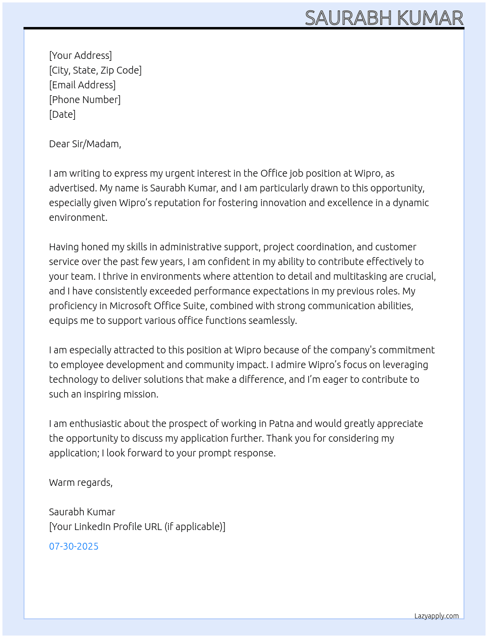 Cover letter for office job - LazyApply