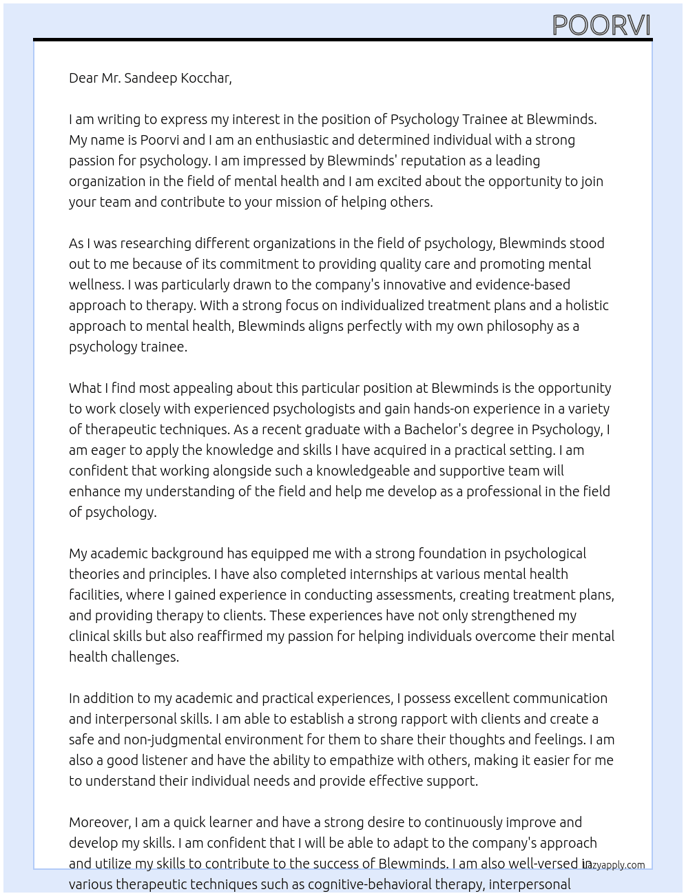 psychology trainee At Blewminds Cover Letter