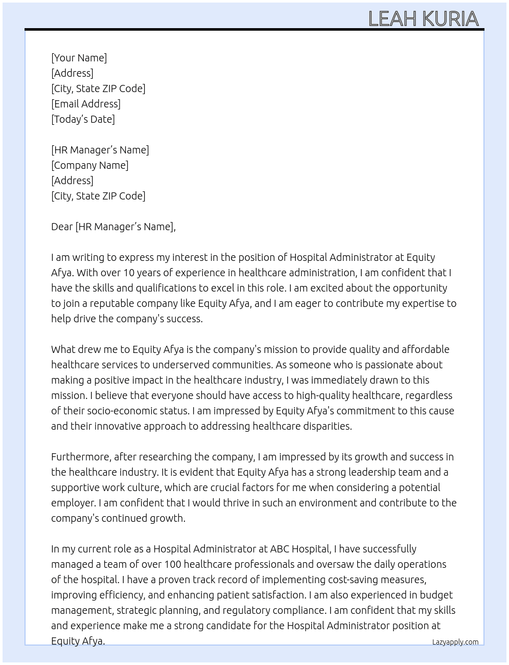 Hospital administrator  At Equity Afya Cover Letter