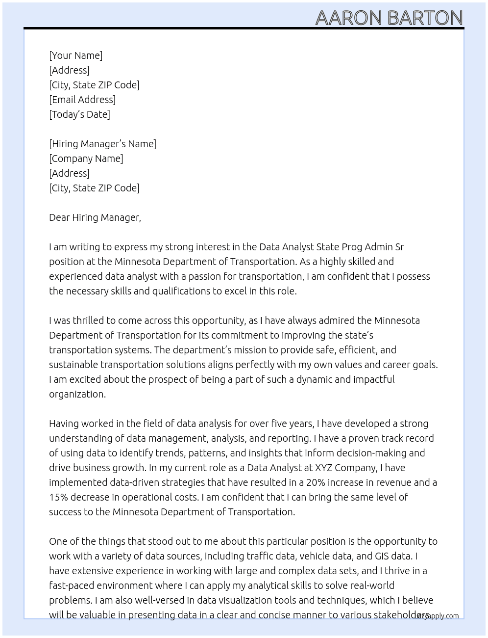 Data Analyst State Prog Admin Sr At Minnesota Department of Transportation Cover Letter
