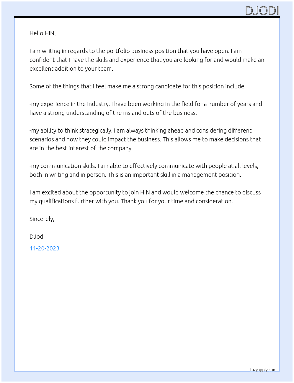 porfolio business At HIN Cover Letter