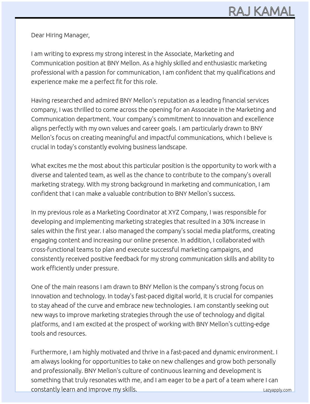 Associate, marketing and communication At BNY Mellon Cover Letter