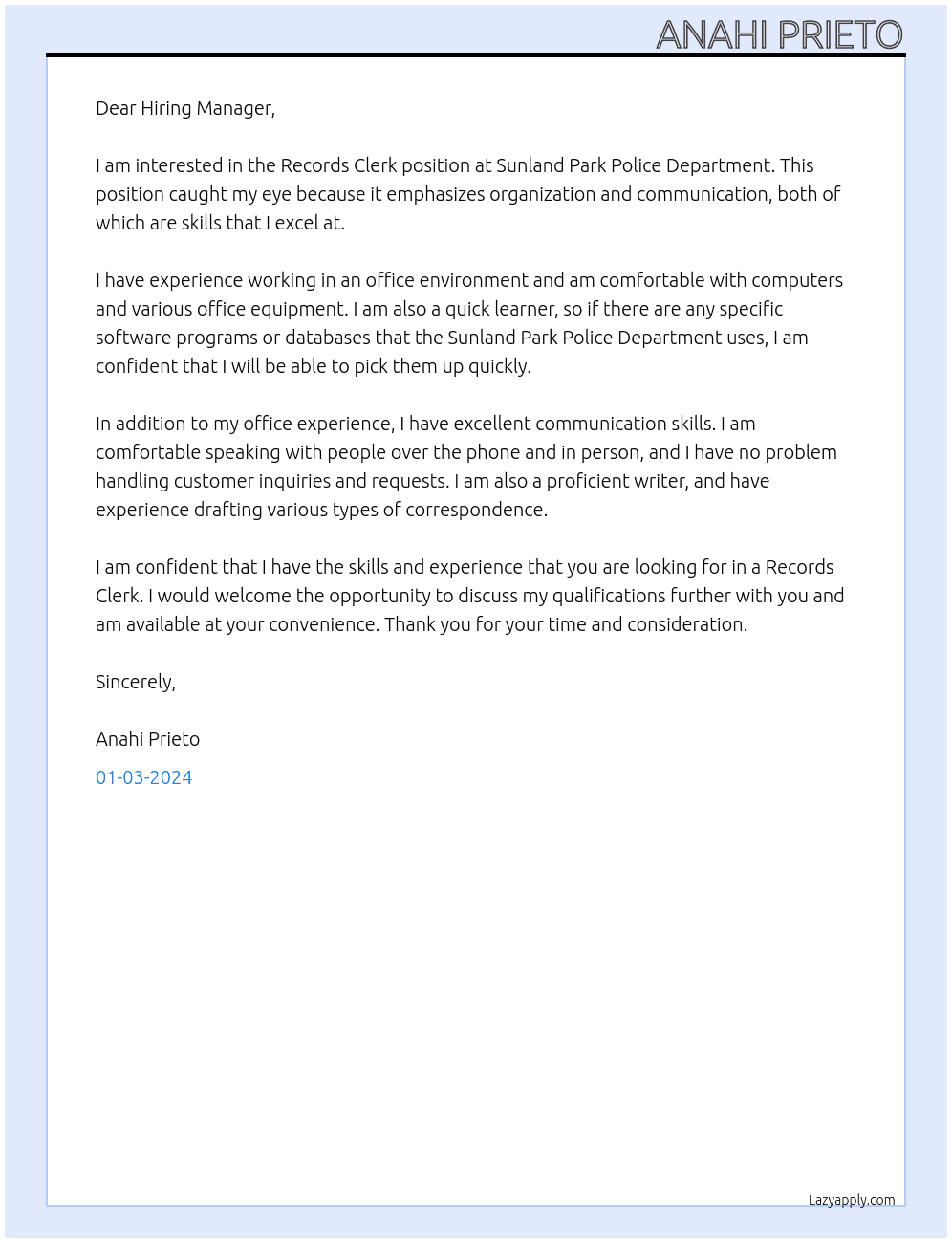 Records Clerk At Sunland Park Police Department Cover Letter