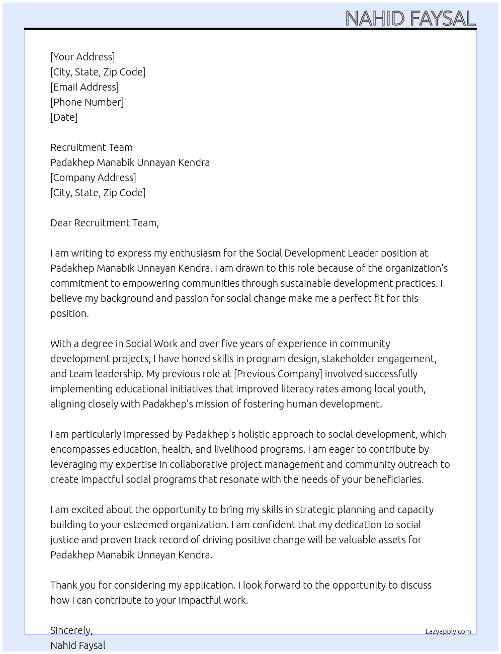 Social Developmet leader At Padakhep Manabik Unnayan Kendra Cover Letter