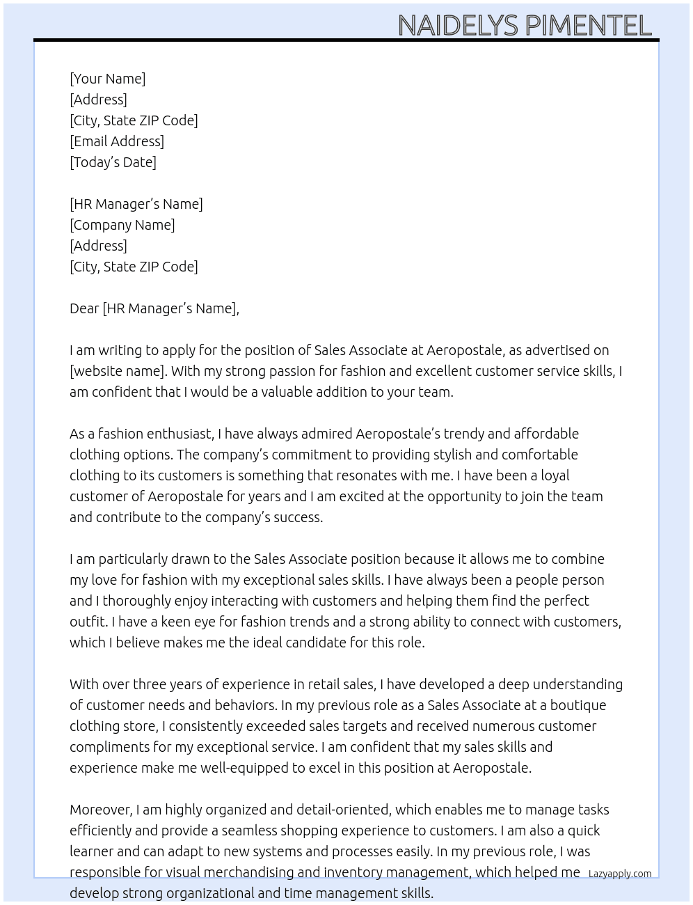 Sales associate  At Aeropostale  Cover Letter