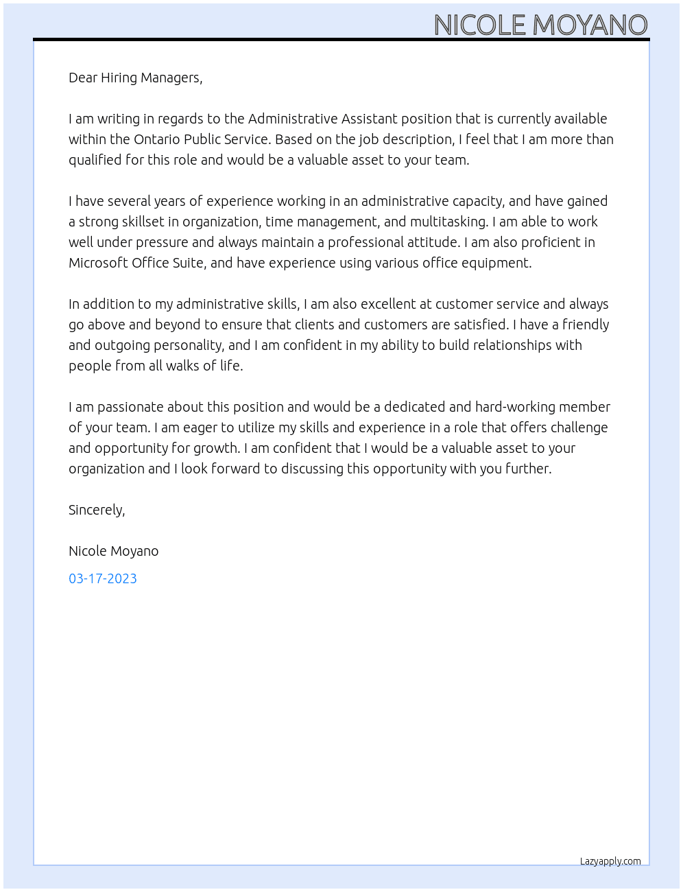 Administrative Assistant At Ontario Public Service Cover Letter