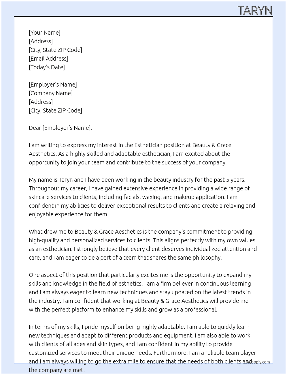 Esthetician  At Beauty & Grace Aesthetics Cover Letter