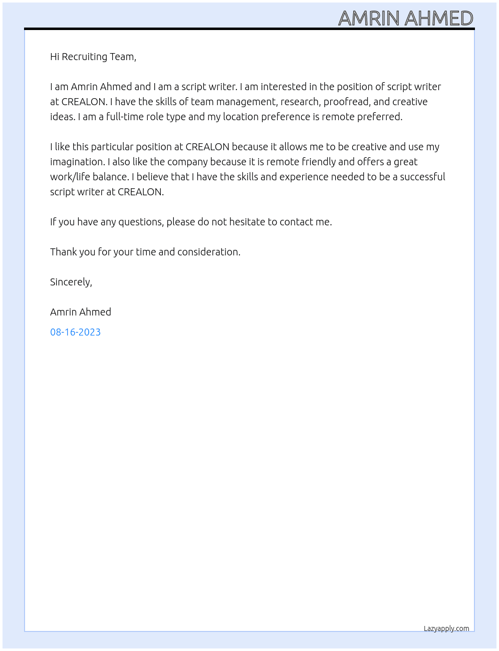 Script writer  At CREALON Cover Letter