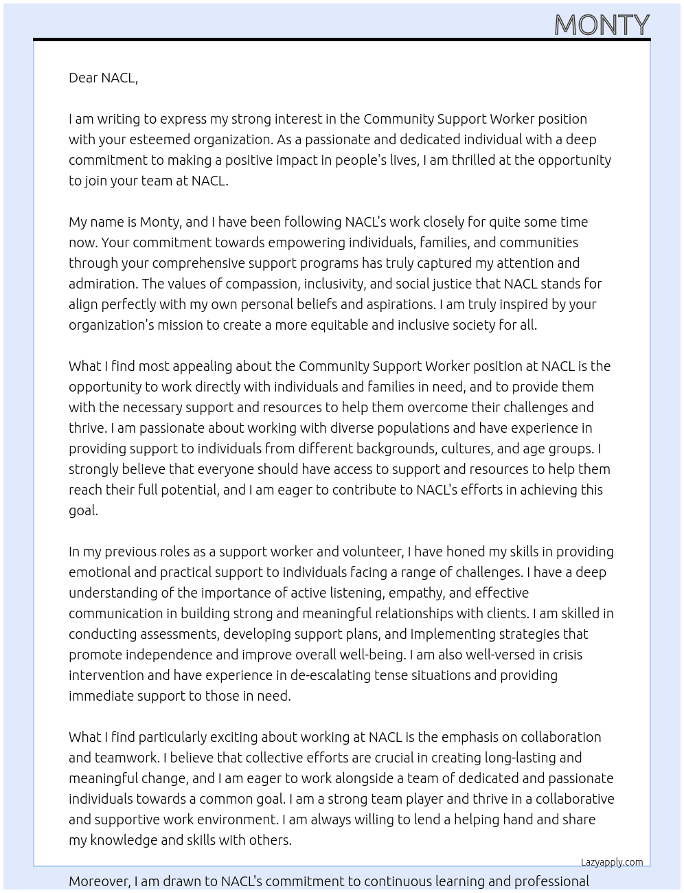 Community Support Worker At NACL Cover Letter