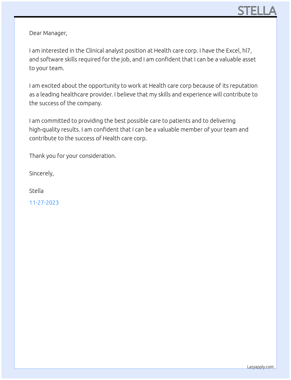 Clinical analyst At Health care corp Cover Letter