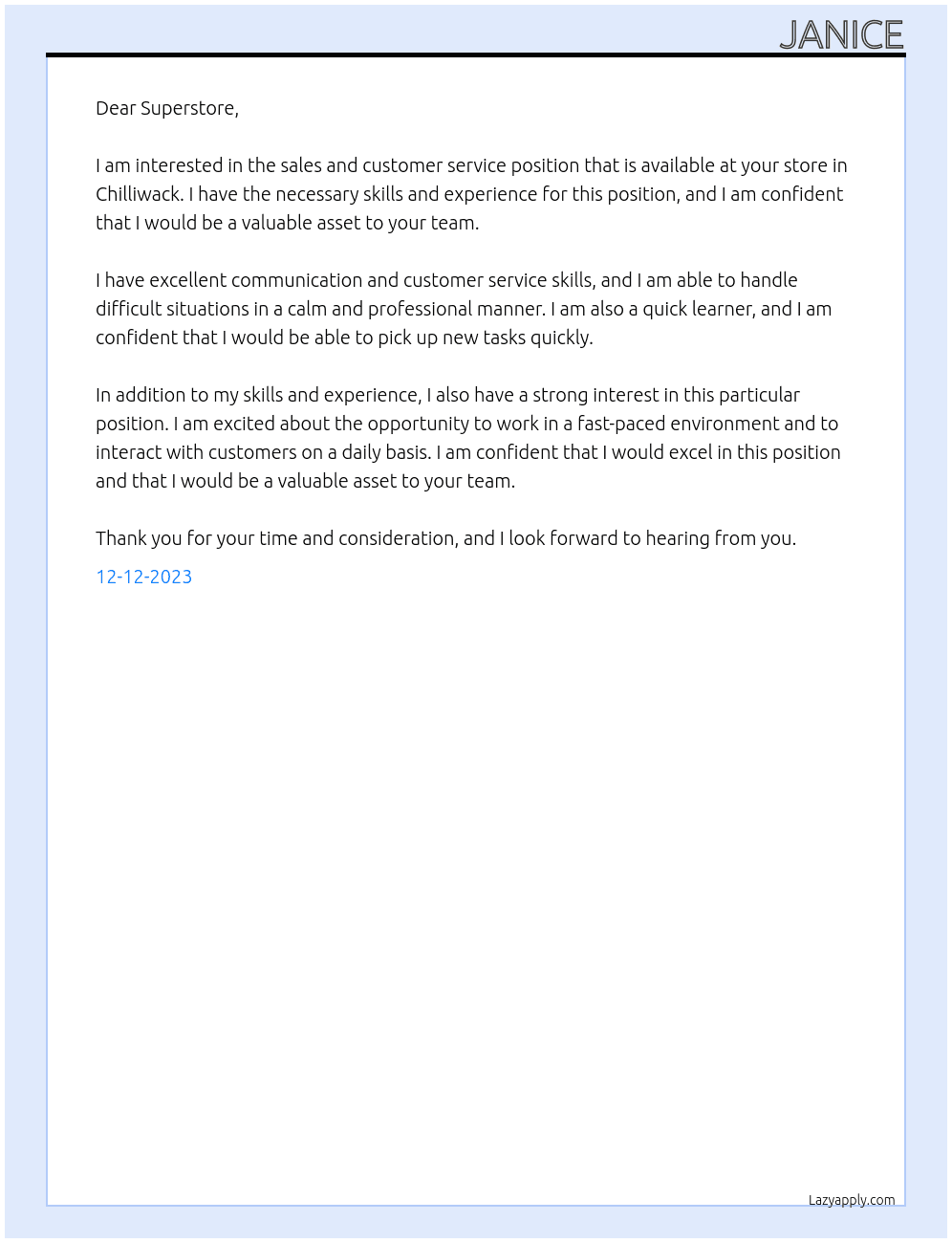 SALES AND CUSTOMER SERVICE At SUPERSTORE Cover Letter