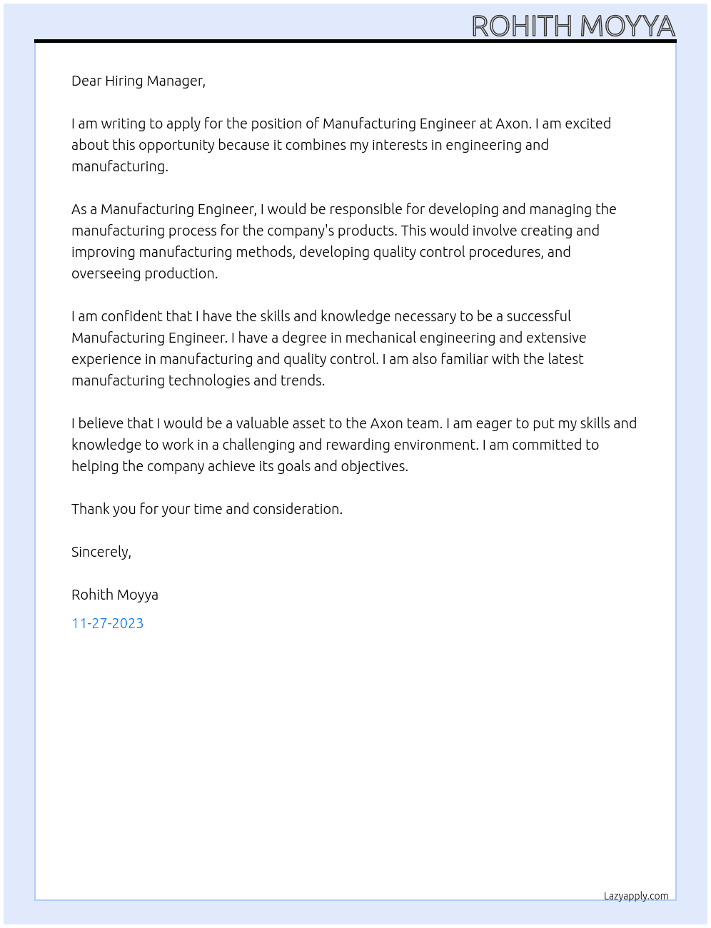 manufacturing engineer At Axon Cover Letter
