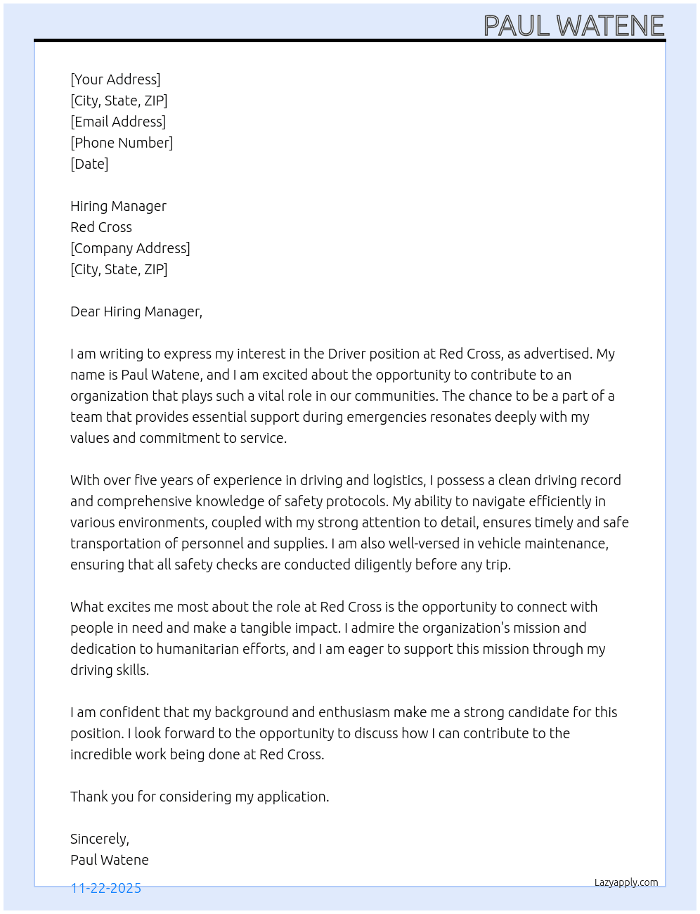Driver At Red cross Cover Letter