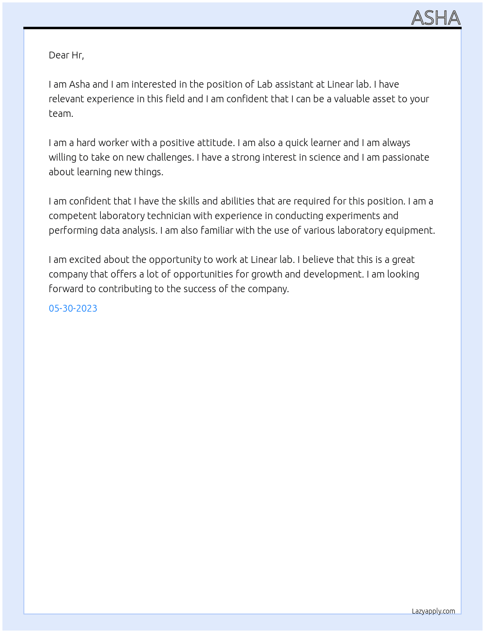 Lab assistant  At Linear lab. Cover Letter