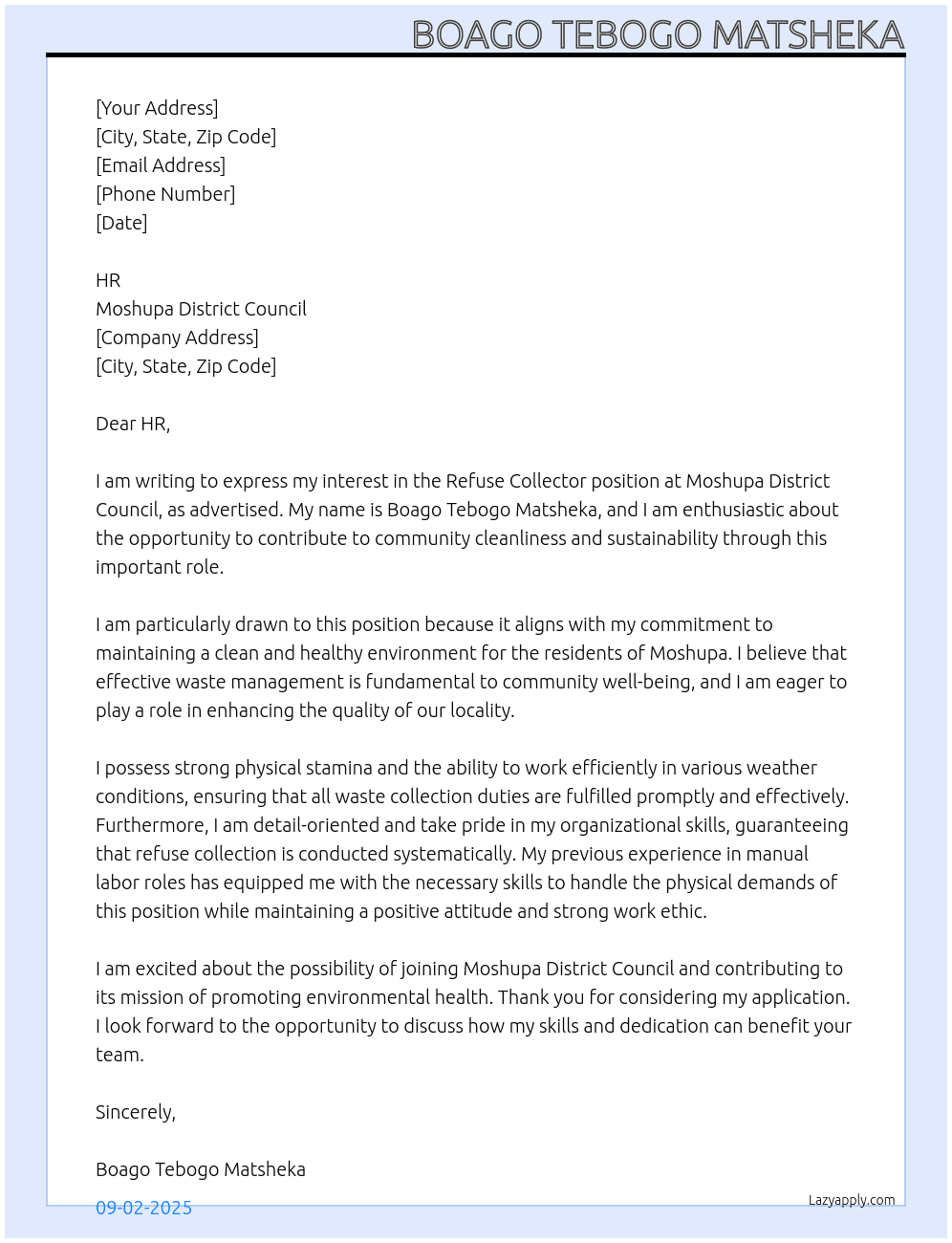 refuse collector At Moshupa district council Cover Letter
