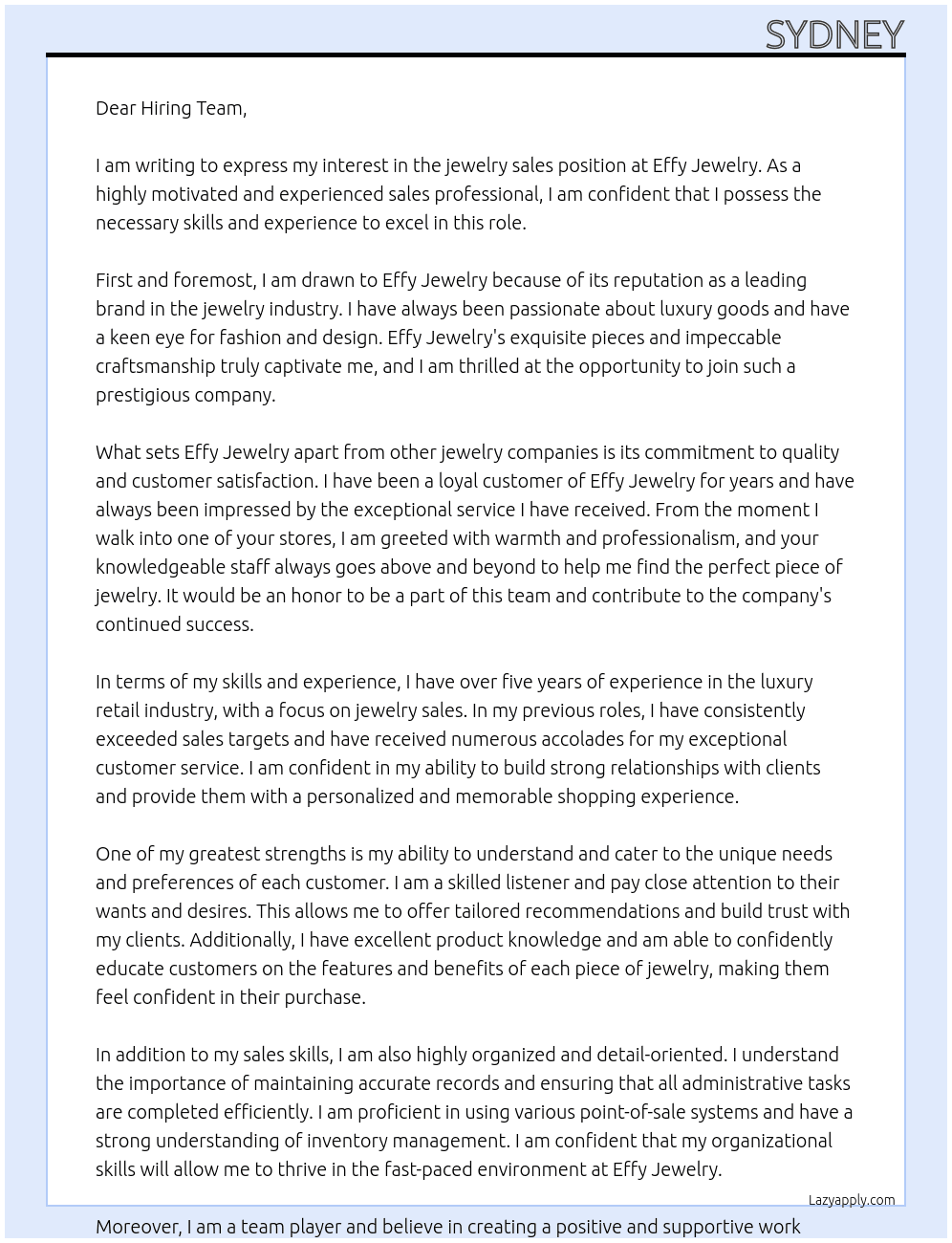 jewelry sales  At effy jewelry Cover Letter