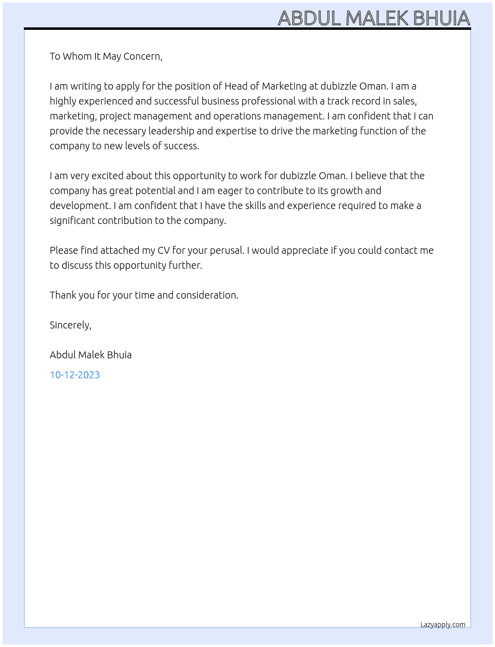 Head of Marketing - Oman At dubizzle Oman Cover Letter