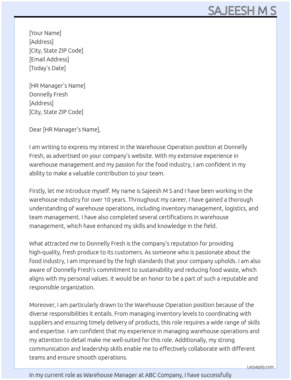 Warehouse Operation At Donnelly Fresh Cover Letter