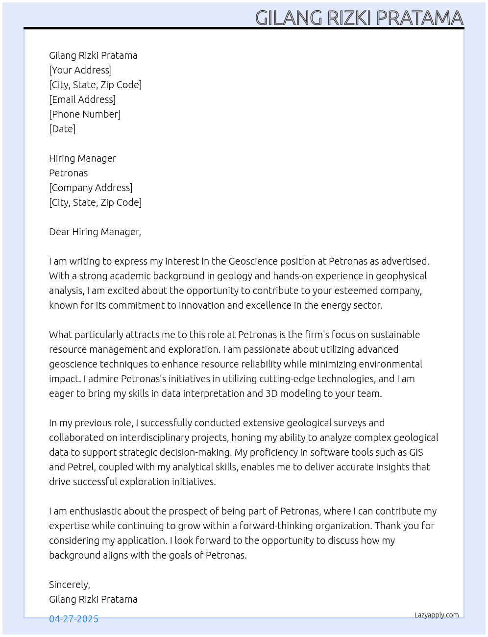 geoscience At Petronas Cover Letter