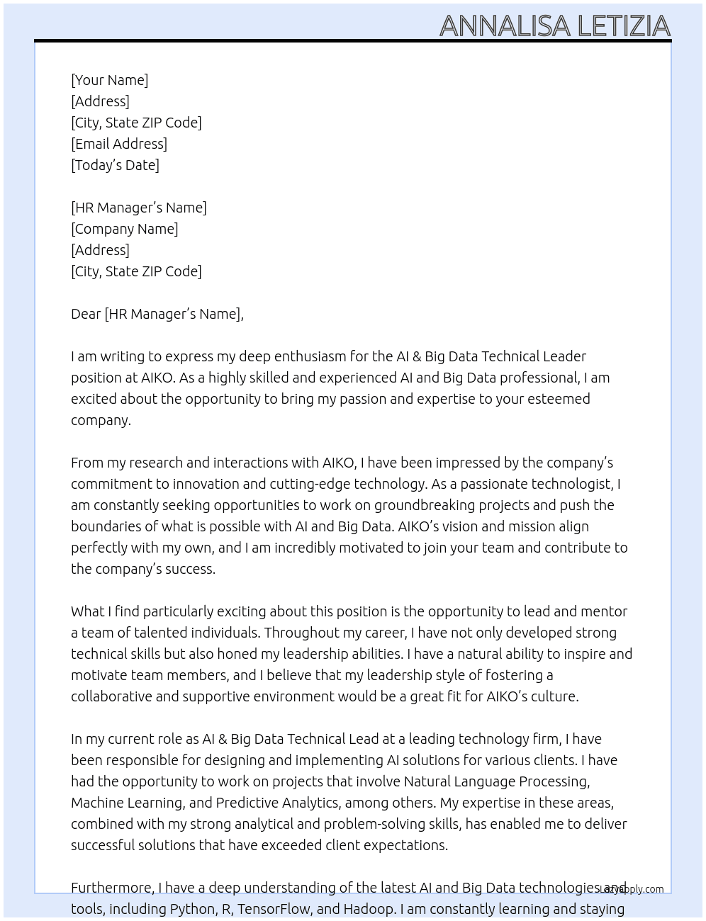 Cover letter for ai & big data technical leader - LazyApply