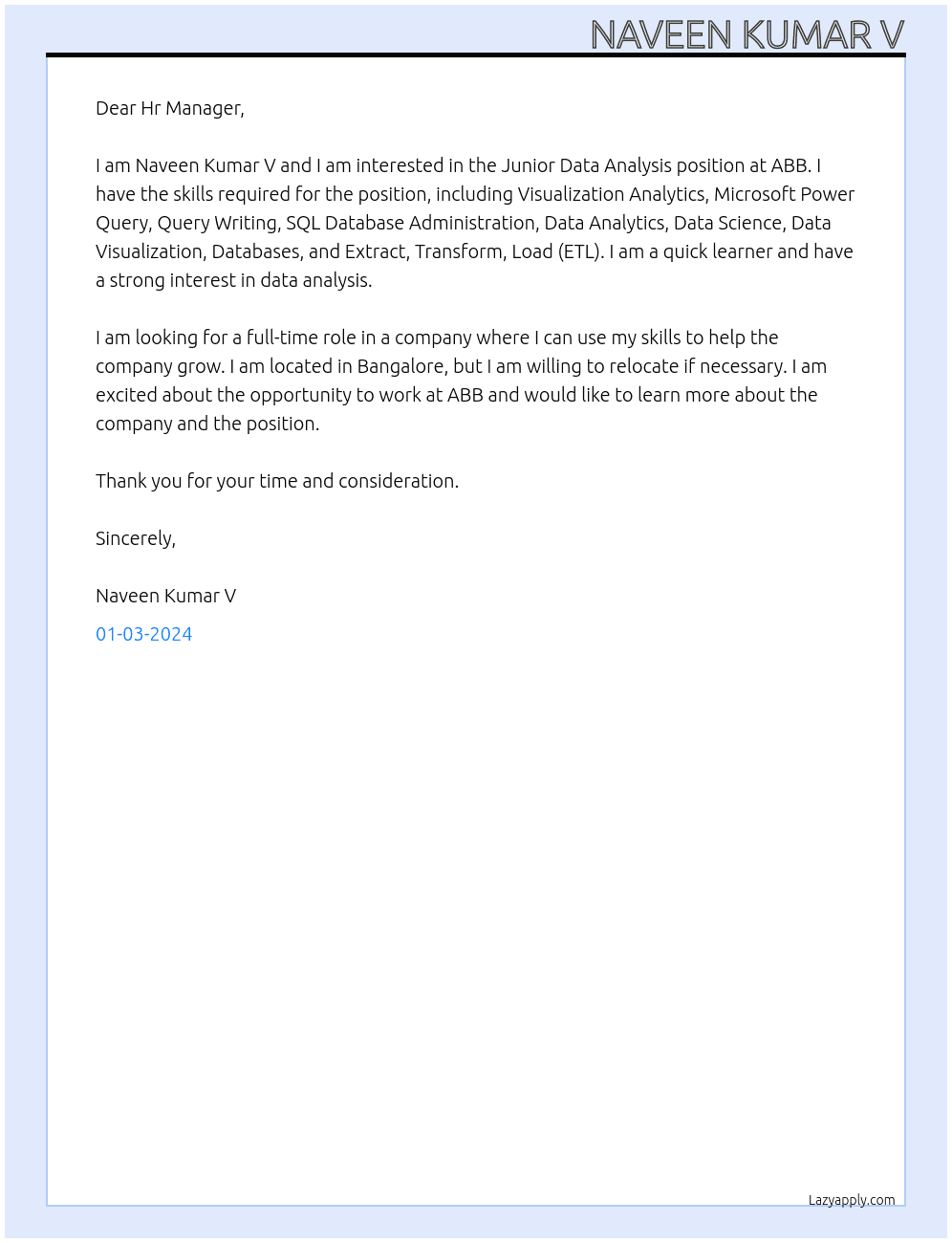 Junior Data Analysis  At ABB Cover Letter