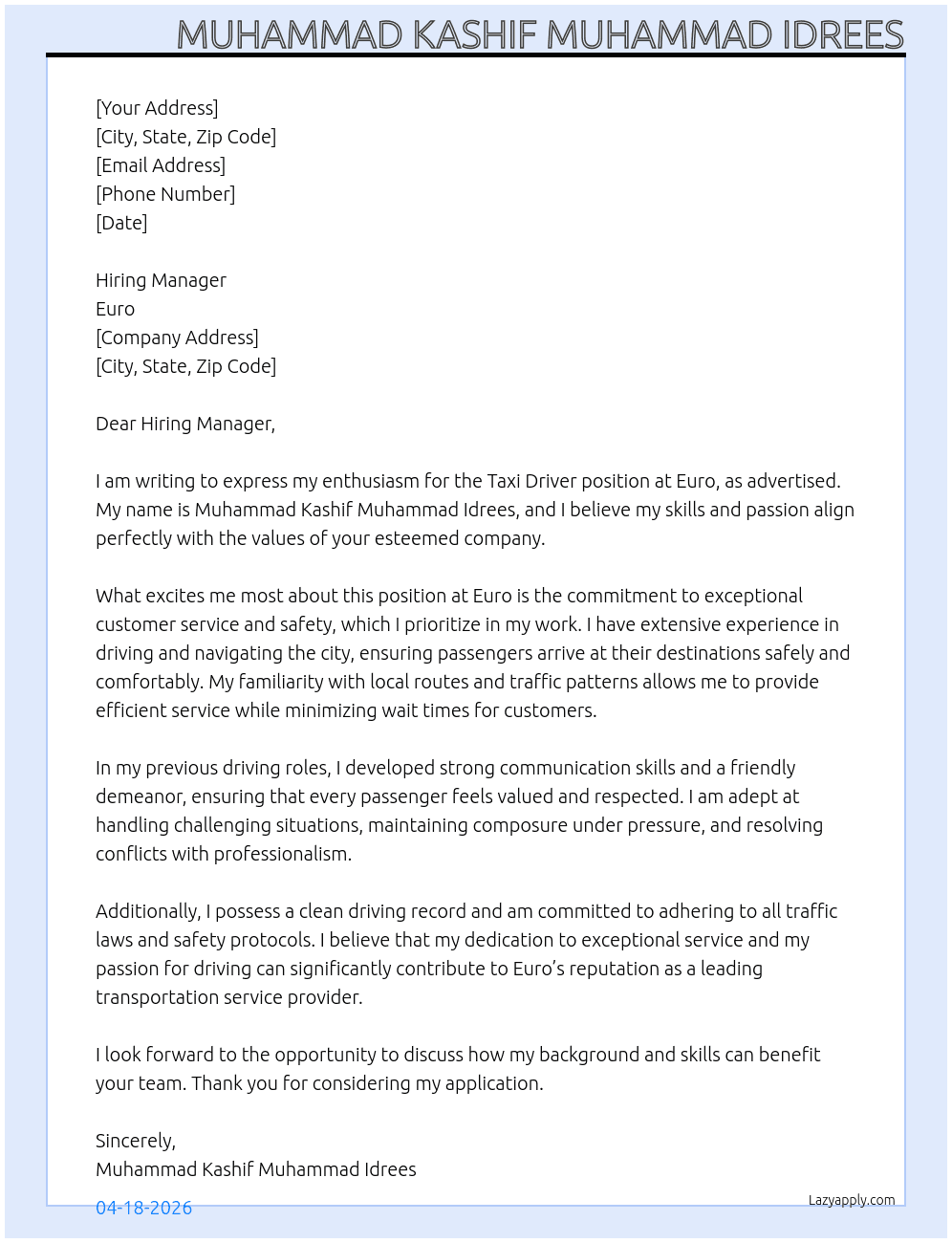 Cover letter for taxi driver - LazyApply