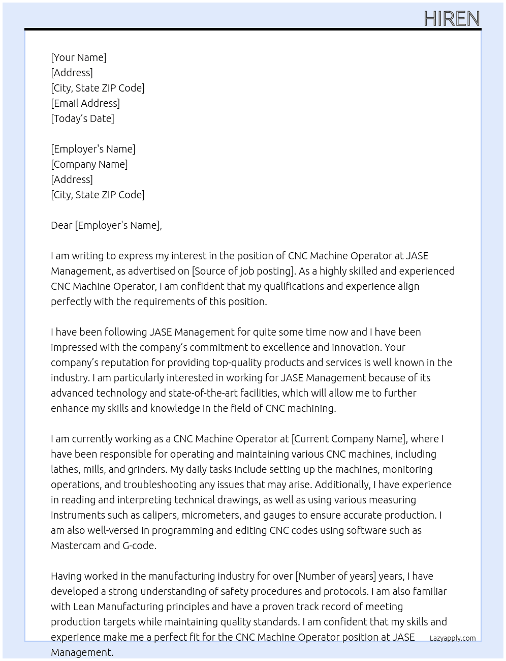 CNC Machine Operator At JASE Management Cover Letter