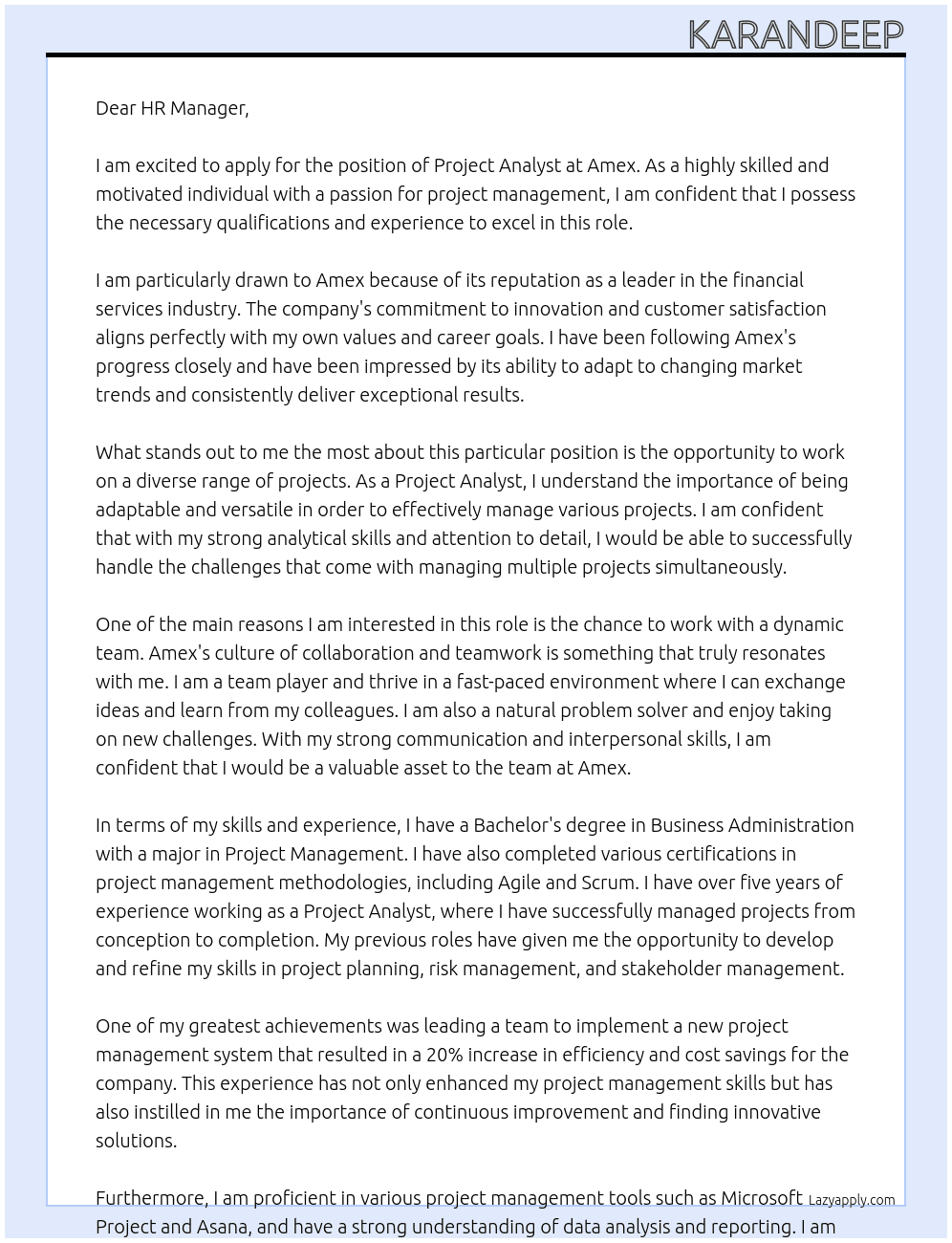 project analyst At Amex Cover Letter