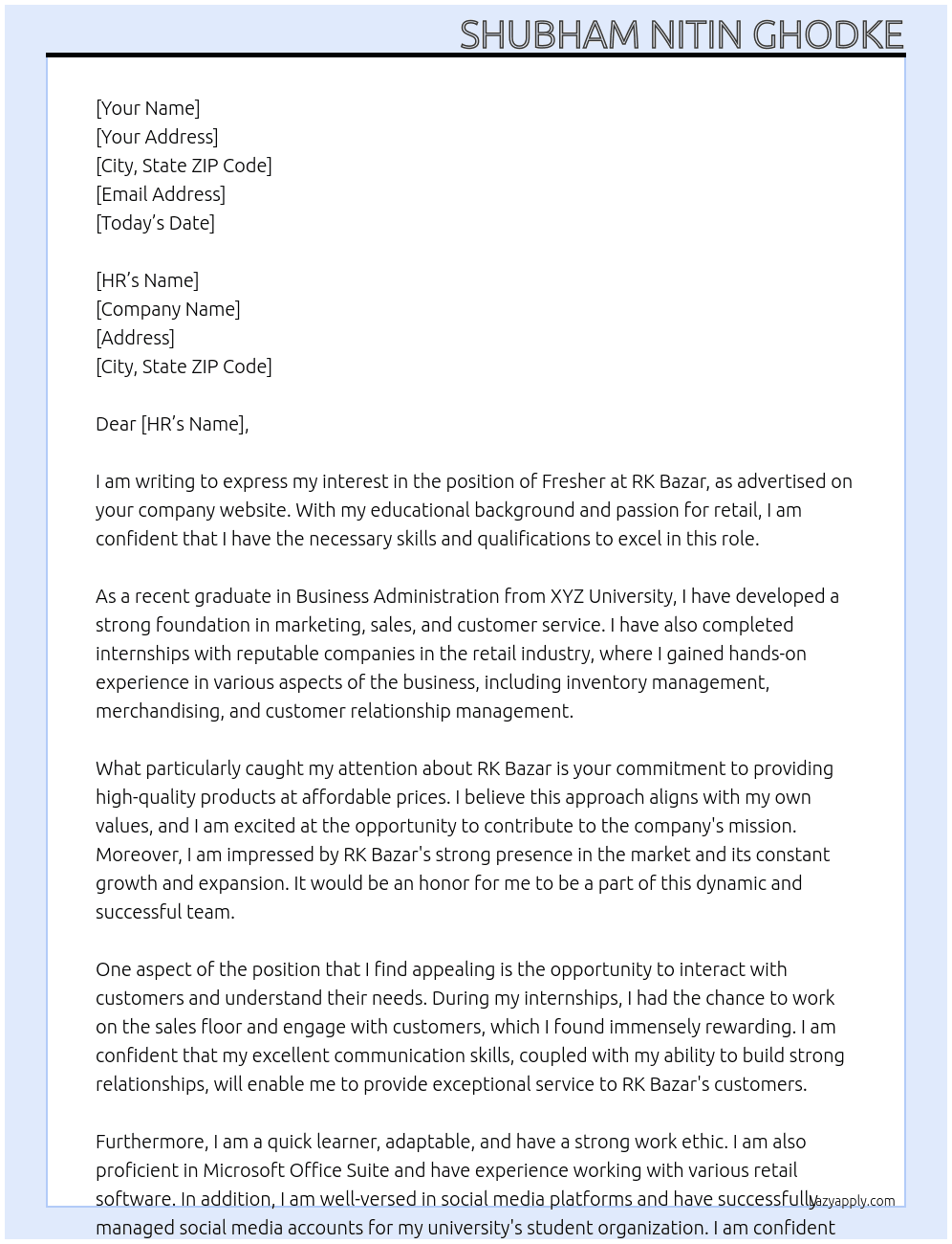 Fresher At RK bazar Cover Letter