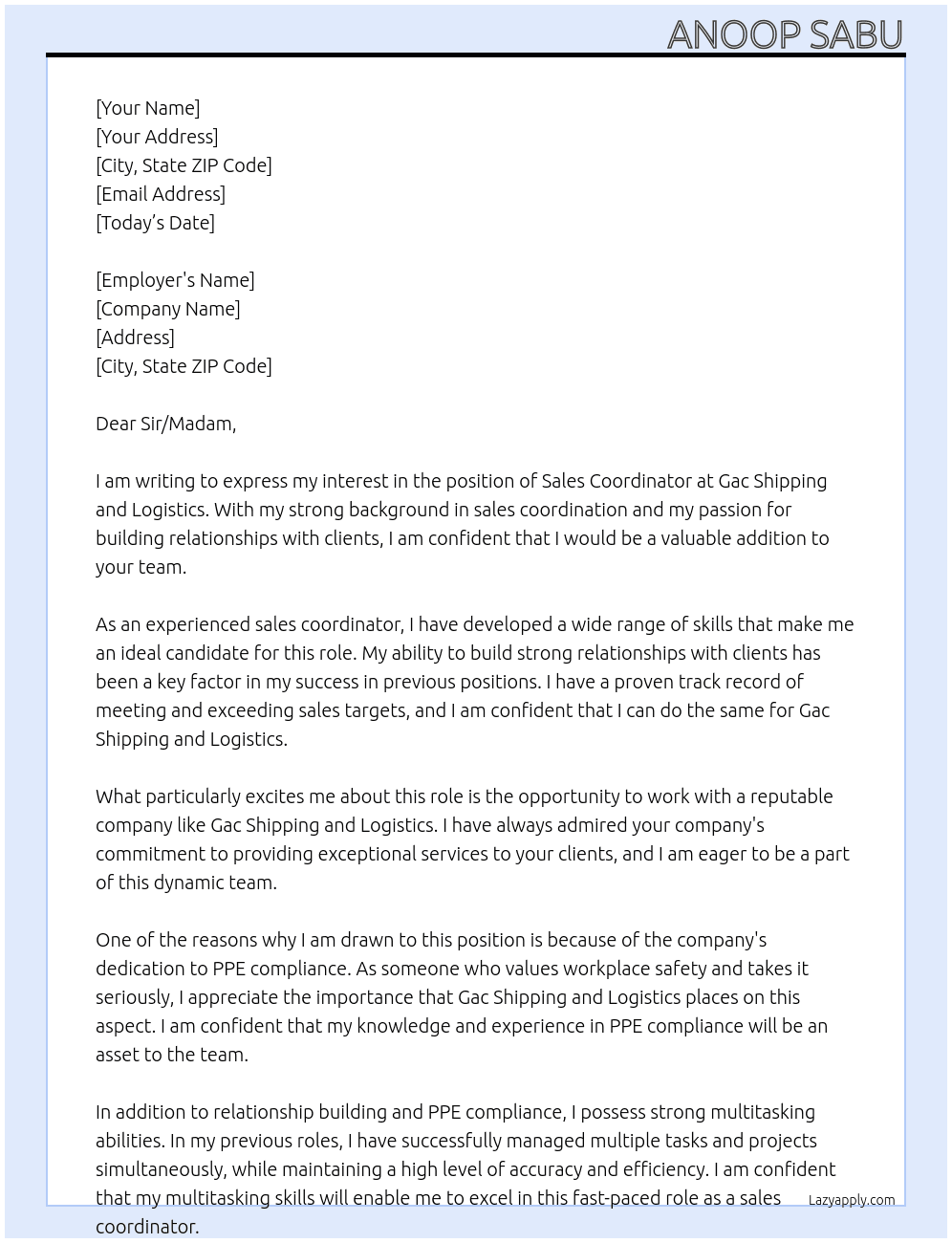 Sales coordinator At Gac shipping and logistics Cover Letter