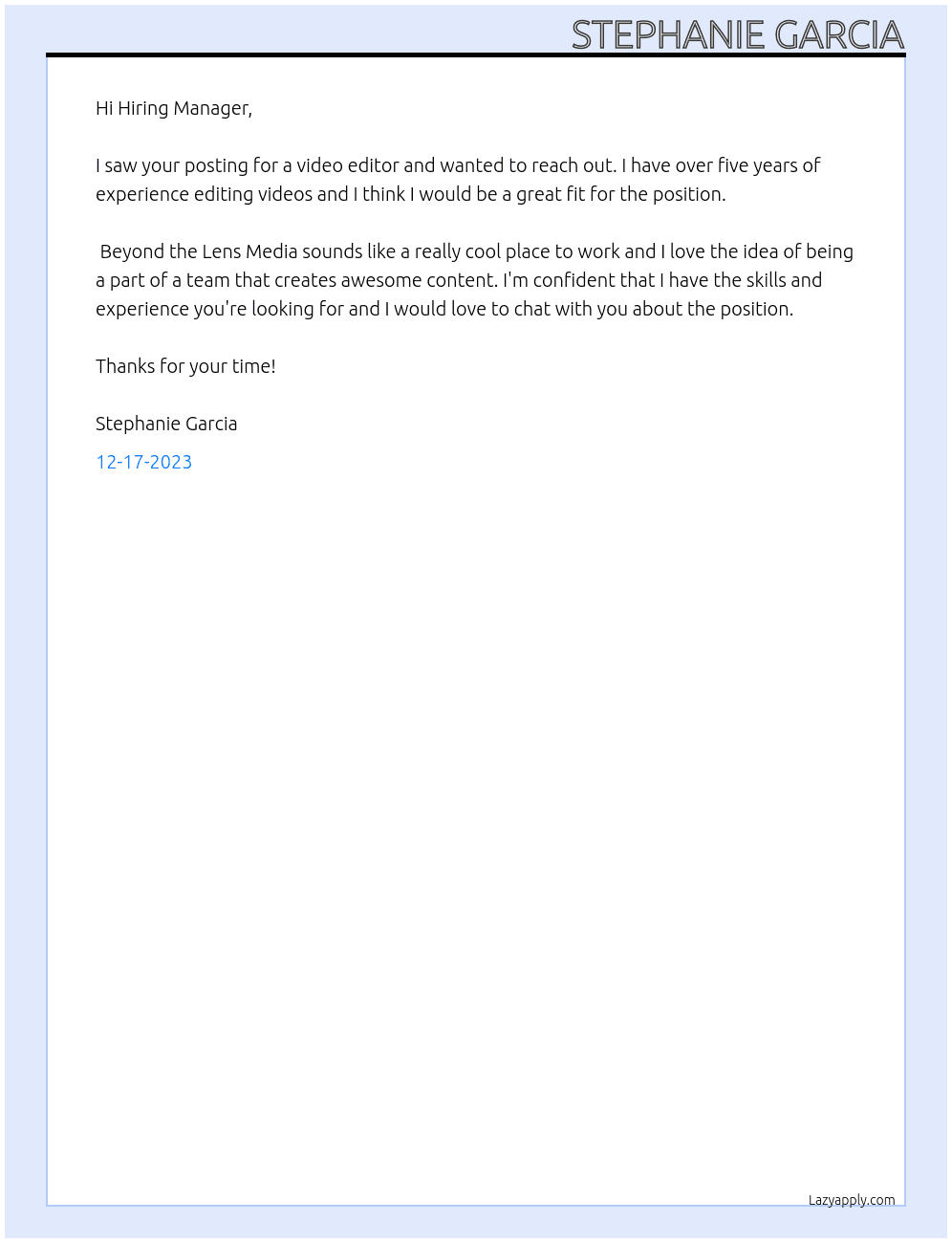 Video editor  At Beyond the Lens Media  Cover Letter