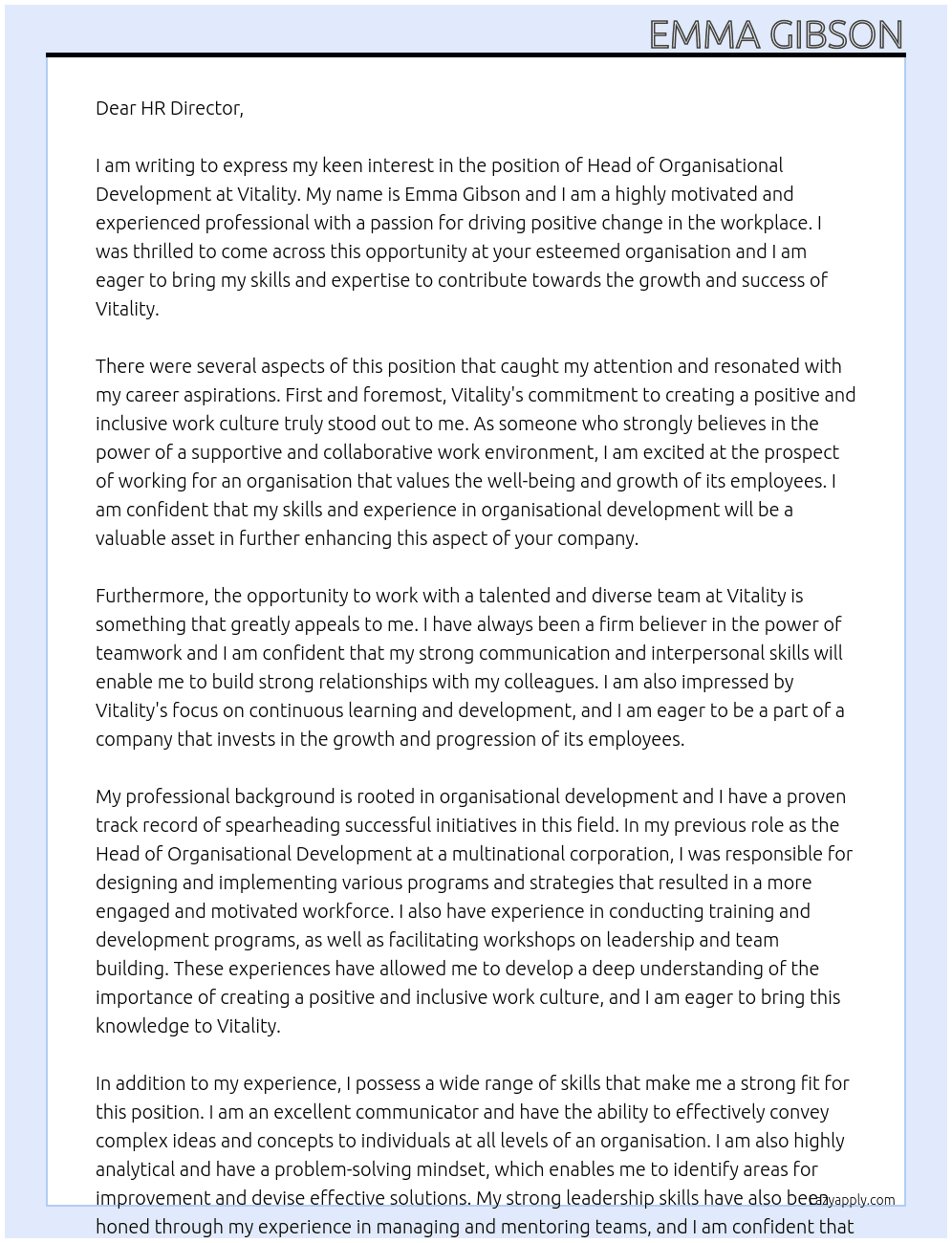 Head of Organisational Development At Vitality  Cover Letter