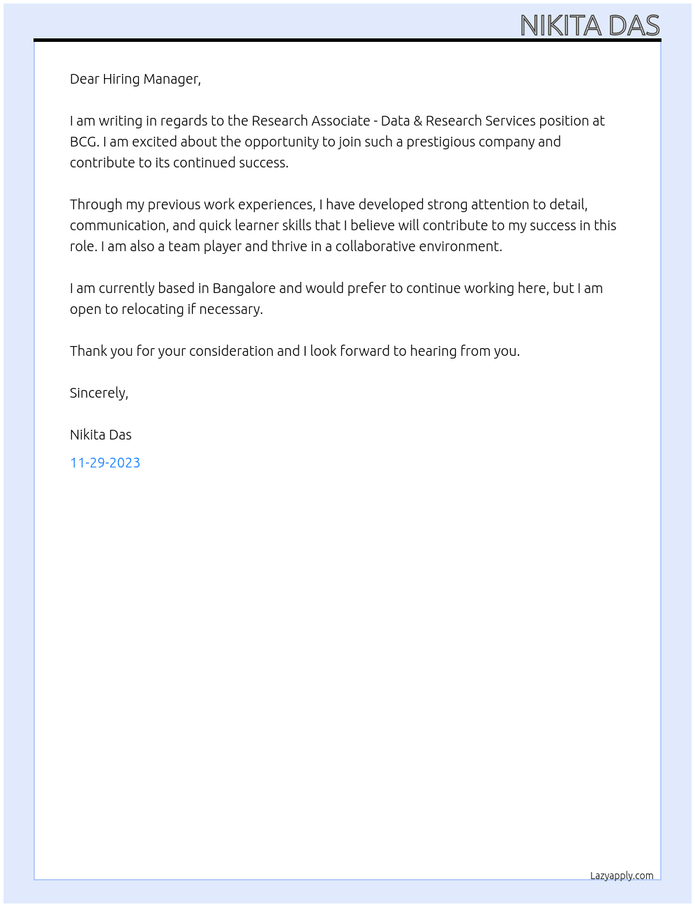Research Associate - Data & Research Services At BCG Cover Letter