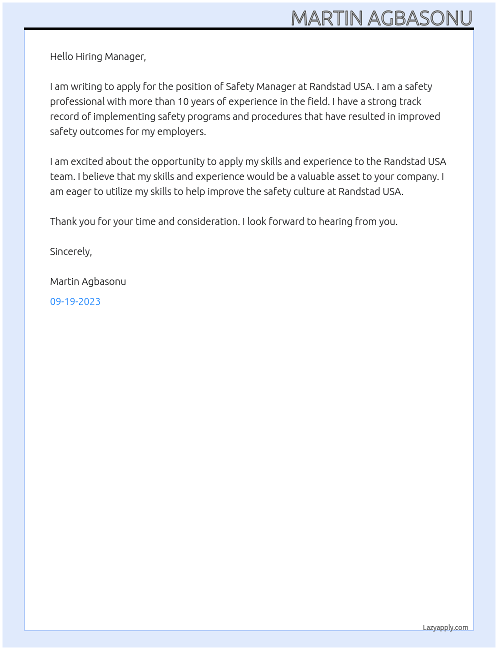Safety Manager At Randstad USA · Phoenix, AZ Cover Letter